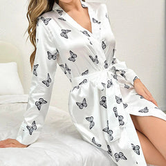 Ladies 100% Mulberry Silk Robe Women Butterfly Printed silk robe