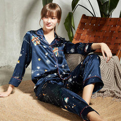Printed Women Silk Pajamas Long Silk Pajama Set