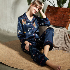 Printed Women Silk Pajamas Long Silk Pajama Set