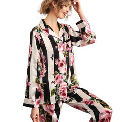 Women's Long Silk Pajamas Set Rose Flower Print Silk Pajamas