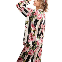 Women's Long Silk Pajamas Set Rose Flower Print Silk Pajamas