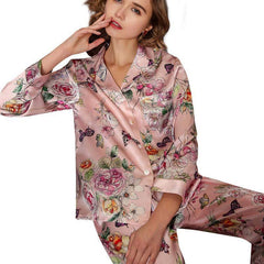 Luxury Mulberry Long Flower Print Silk Pajamas Set For Women