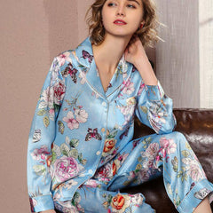 Luxury Mulberry Long Flower Print Silk Pajamas Set For Women