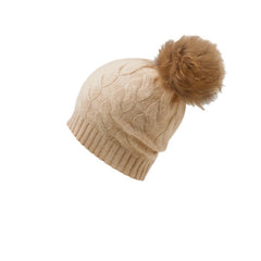 Cable Knit 100% Cashmere Beanie Hat with Fur Pom Pom