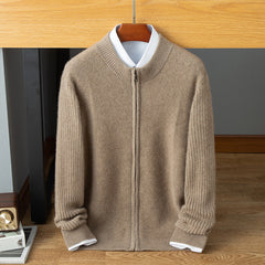 100% Cashmere Ribbed Full-Zip Mock Neck Stand Collar Cardigan