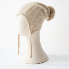 Winter Women's Cashmere Earflap Beanie Hat with Fur Pom Pom