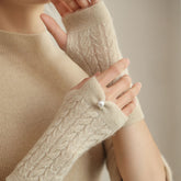 Women's 100% Cashmere Gloves Fingerless Mitten Gloves with Pearl