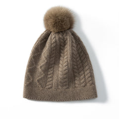 Women 100% Cashmere Beanie Winter Cable Knit Hat with Fur Pom