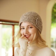 Soft Women's 100% Cashmere Handmade Flower Knit Beanie Hat