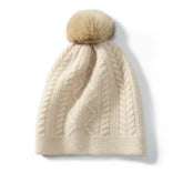 Women 100% Cashmere Beanie Winter Cable Knit Hat with Fur Pom