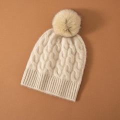 Women 100% Cashmere Beanie Soft Warm Hat with Fur Pom