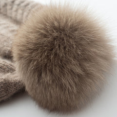 Winter Women's Cashmere Earflap Beanie Hat with Fur Pom Pom