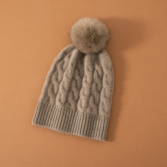 Women 100% Cashmere Beanie Soft Warm Hat with Fur Pom
