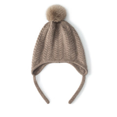 Winter Women's Cashmere Earflap Beanie Hat with Fur Pom Pom