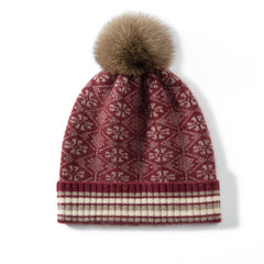 Fair Isle Beanie Winter Cashmere Hat with Fur Pom Knit Ski Hat