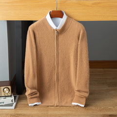 100% Cashmere Ribbed Full-Zip Mock Neck Stand Collar Cardigan