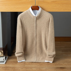 100% Cashmere Ribbed Full-Zip Mock Neck Stand Collar Cardigan