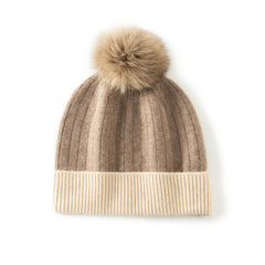 Two-Tone Cashmere Ribbed Beanie Hat with Fur Pom Pom