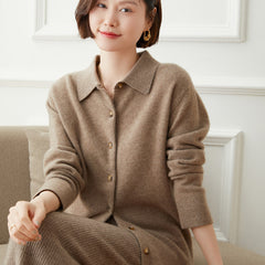 Polo Collar Cashmere Cardigan Women's Loose Coat Sweater Top