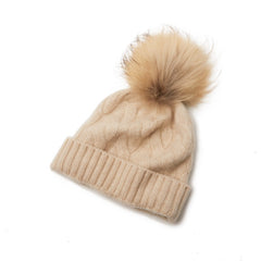 Cable Knit 100% Cashmere Beanie Hat with Fur Pom Pom