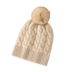 Women 100% Cashmere Beanie Soft Warm Hat with Fur Pom