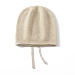 Soft Winter Pure Cashmere Knit Beanie Hat with Ties