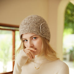 Soft Women's 100% Cashmere Handmade Flower Knit Beanie Hat