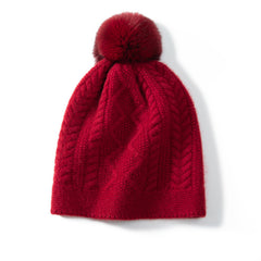 Women 100% Cashmere Beanie Winter Cable Knit Hat with Fur Pom