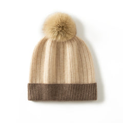 Two-Tone Cashmere Ribbed Beanie Hat with Fur Pom Pom