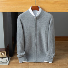 100% Cashmere Ribbed Full-Zip Mock Neck Stand Collar Cardigan