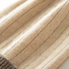 Two-Tone Cashmere Ribbed Beanie Hat with Fur Pom Pom
