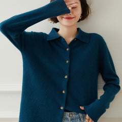 Polo Collar Cashmere Cardigan Women's Loose Coat Sweater Top