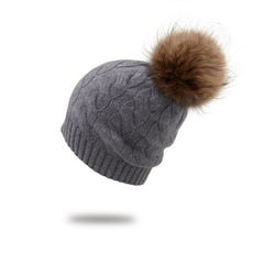 Cable Knit 100% Cashmere Beanie Hat with Fur Pom Pom