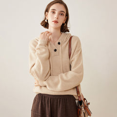 Women’s 100% Cashmere Hooded Sweater with Button Placket