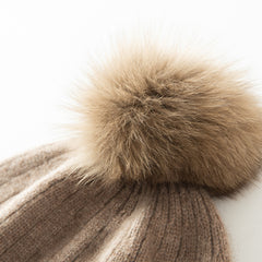 Two-Tone Cashmere Ribbed Beanie Hat with Fur Pom Pom