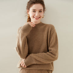 Women's Knitted Cashmere Mock-Neck Sweater with Wide Cuffs