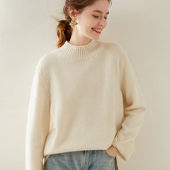 Women's Knitted Cashmere Mock-Neck Sweater with Wide Cuffs