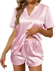 V Neck Silk Two-Piece Pajamas Set Short Women Silk Pajamas