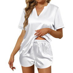 V Neck Silk Two-Piece Pajamas Set Short Women Silk Pajamas