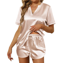 V Neck Silk Two-Piece Pajamas Set Short Women Silk Pajamas