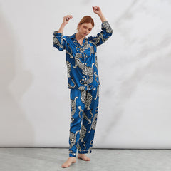 Women's Tiger Printed Silk Pajamas Set Two Piece Silk Sleepwear