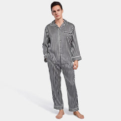Black And White Stripe Long Silk Pajama Set for Men