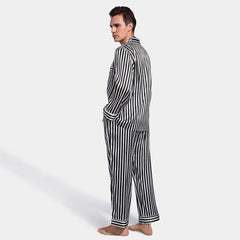 Black And White Stripe Long Silk Pajama Set for Men