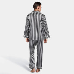 Black And White Stripe Long Silk Pajama Set for Men