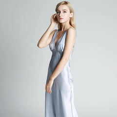 Deep V Neck Long Silk Nightgown Women Silk Maxi Slip Dress