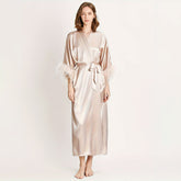 Women Silk Kimono Robes with Ostrich Feather Long Silk Robes