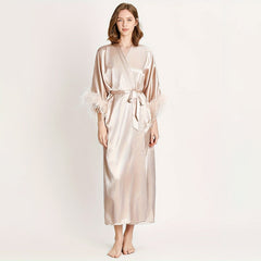 Women Silk Kimono Robes with Ostrich Feather Long Silk Robes