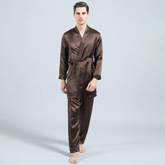 Men Long Silk Pajamas and Robe Silk sleepwear Set