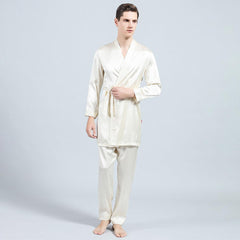 Men Long Silk Pajamas and Robe Silk sleepwear Set