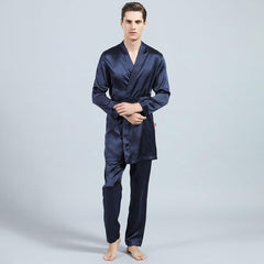 Men Long Silk Pajamas and Robe Silk sleepwear Set